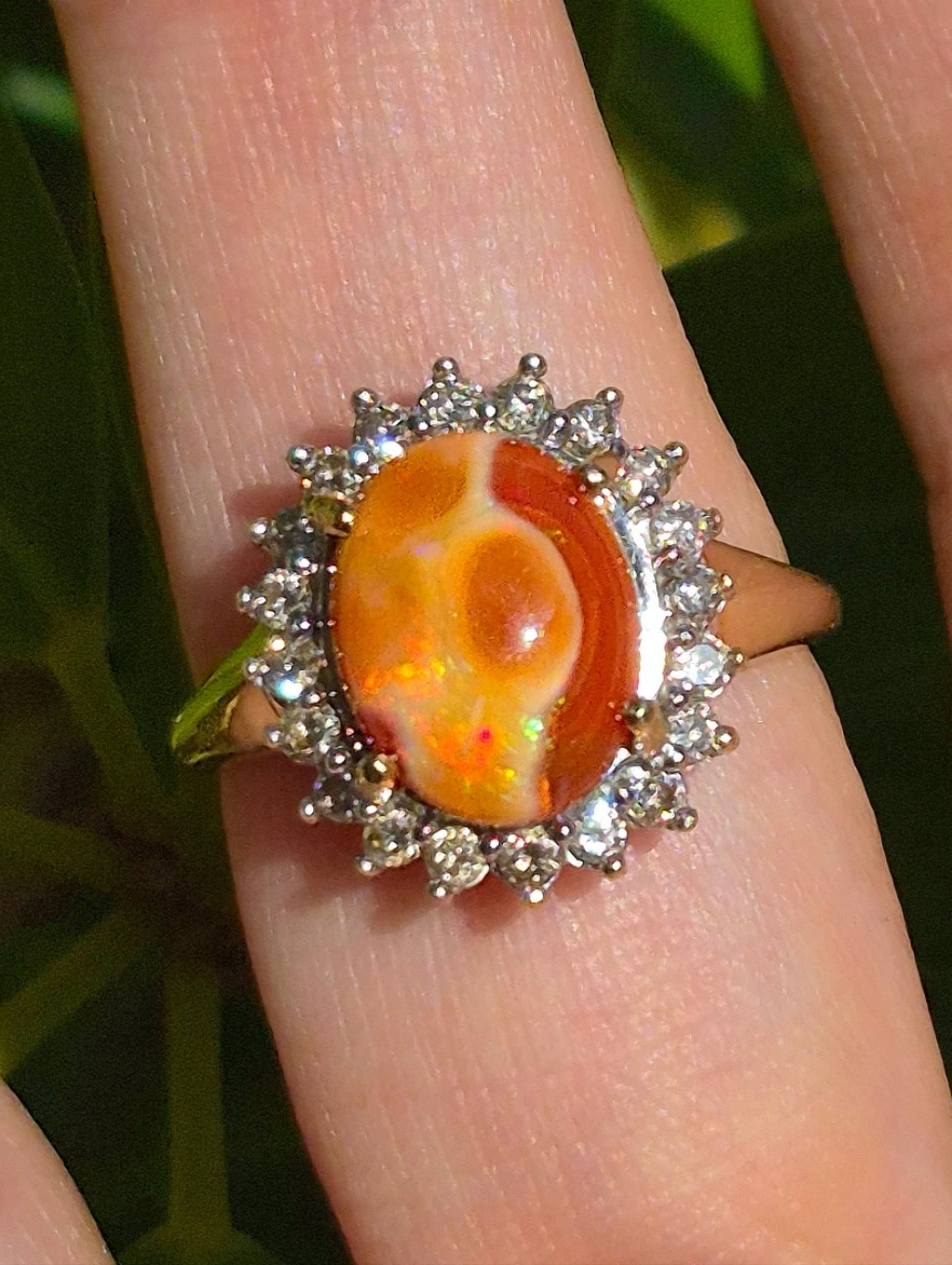 Gold Natrual Diamond Halo & Fire Opal Ring